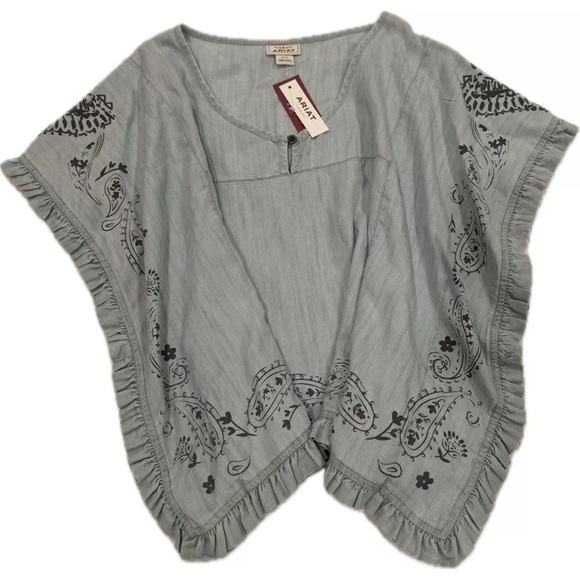 NWT Ariat Western Eden Cap Sleeve Light Blue Top Ruffled Edge SIZE Medium - Picture 3 of 10